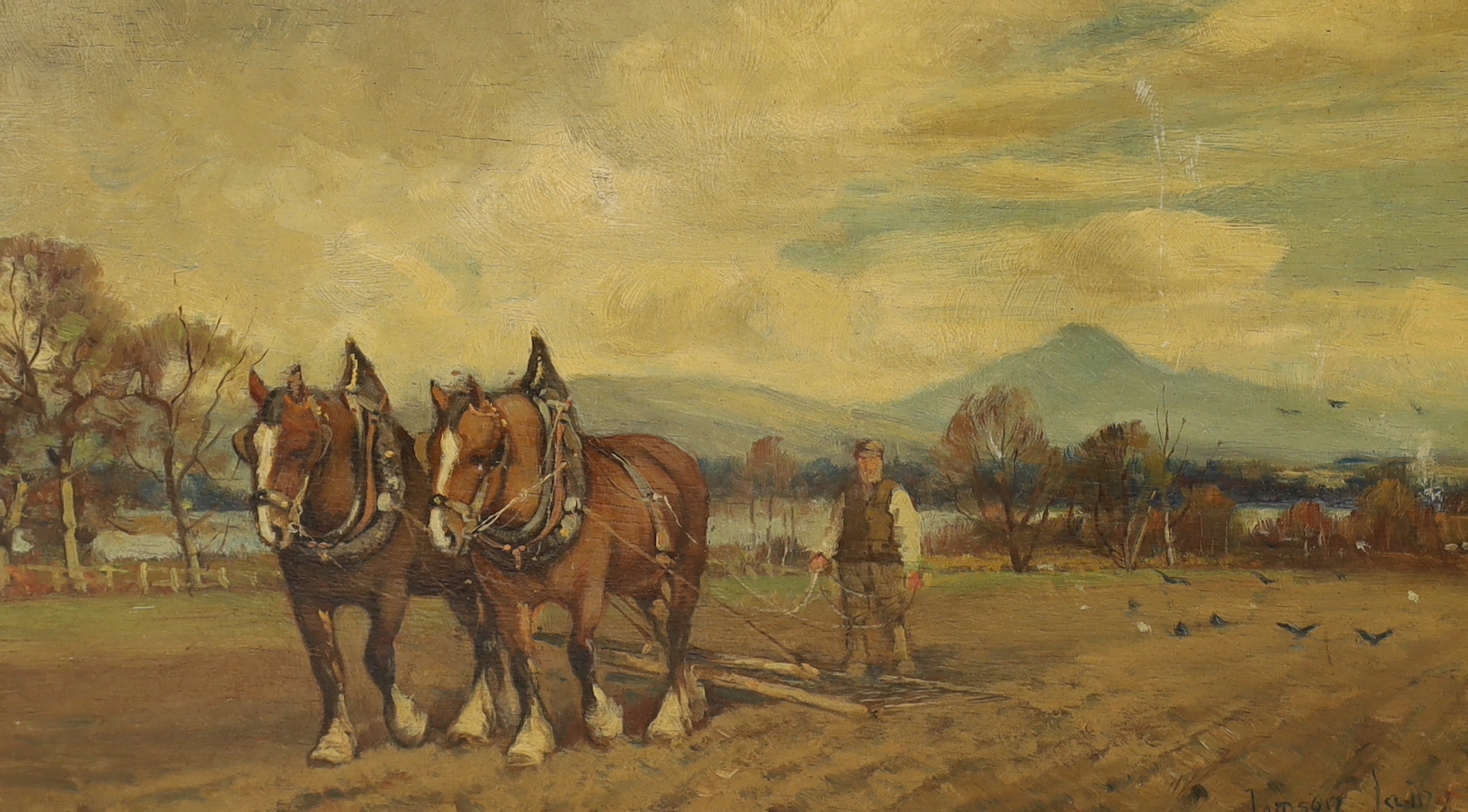 Tomson Laing (fl. 1890-1904), oil on board, Work horses and figure ploughing, signed, 19 x 34cm